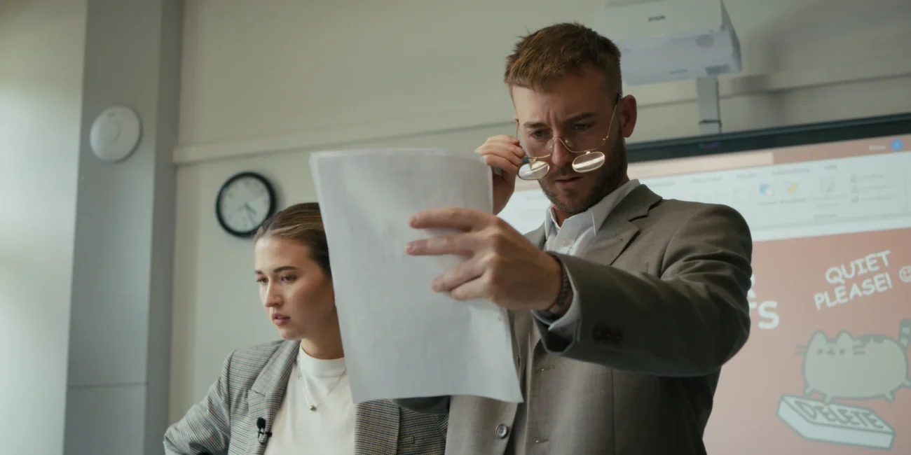 Creators AustrianKiwi and Stefanie Harms - thisisstevie - posing as humorous English teachers at the front of a classroom during a Holy Moly Films video production.
