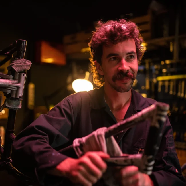 Dramatically lit cinematic film still by Holy Moly Films, capturing Fanzy Bikes owner Jakob Deutschmann working on a frame in his workshop.