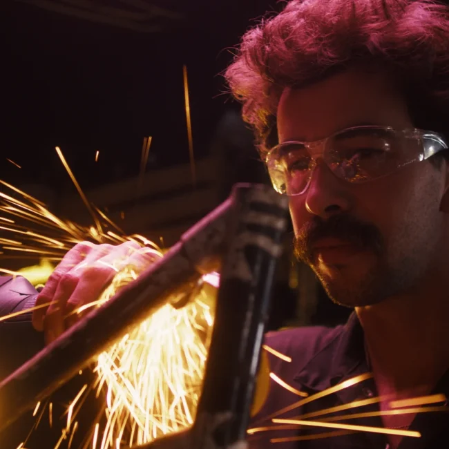 A cinematic action still from the Holy Moly Films short film, showing a character cutting metal with intense sparks on location in Salzburg.