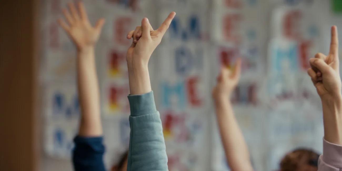 Close-up shot of students enthusiastically raising their hands in a classroom to answer a question during the English lesson sketch by Holy Moly films.