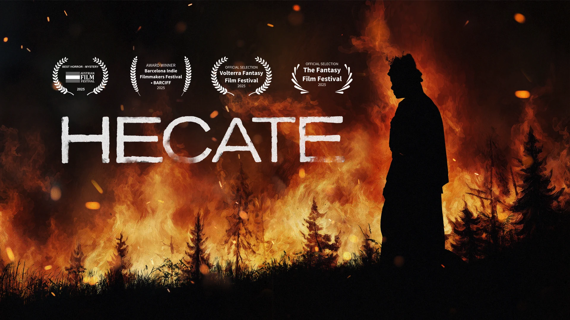 The silhouette of a watch standing in front of a burning forest (Filmposter for Award-winning dark fantasy shortfilm Hecate directed by Mariia Deikova)