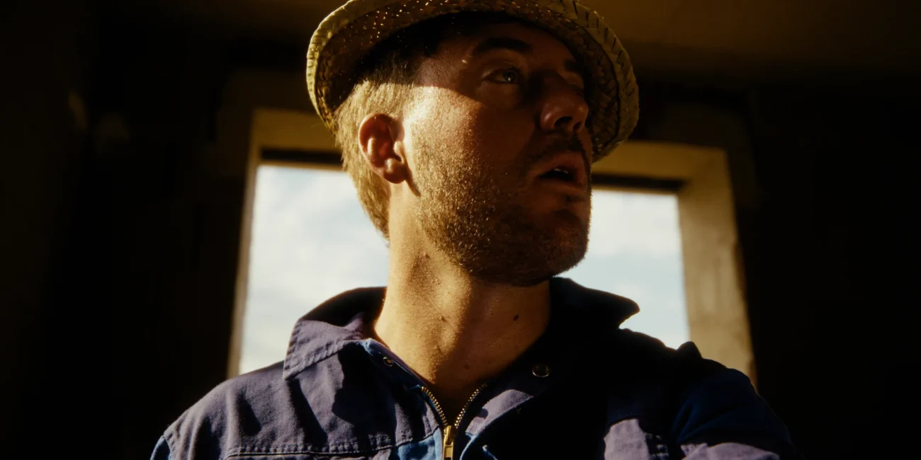 Cinematic close-up shot of comedian Jonny Balchin using a Snorricam mounted to his body.